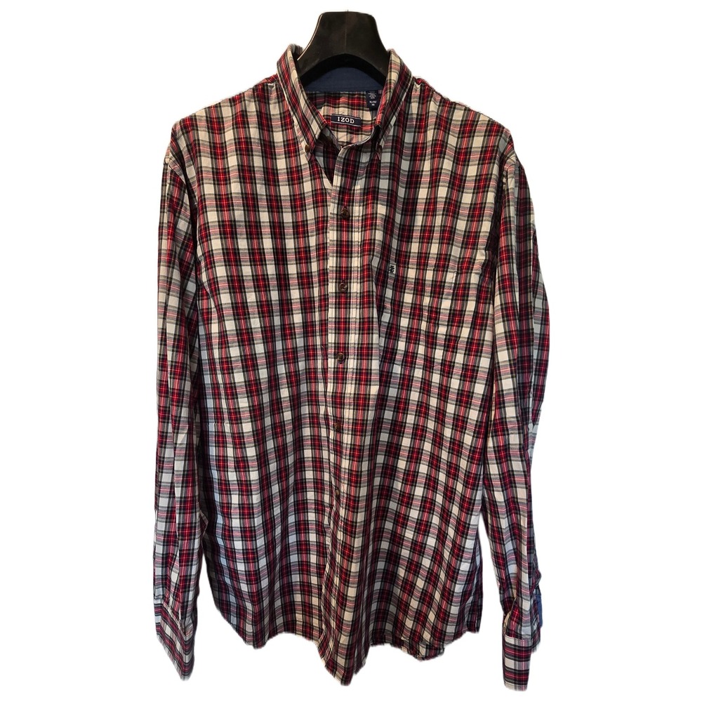 IZOD Mens XL Long Sleeve Button Down Shirt Red White Blue Plaid Cotton Pocket